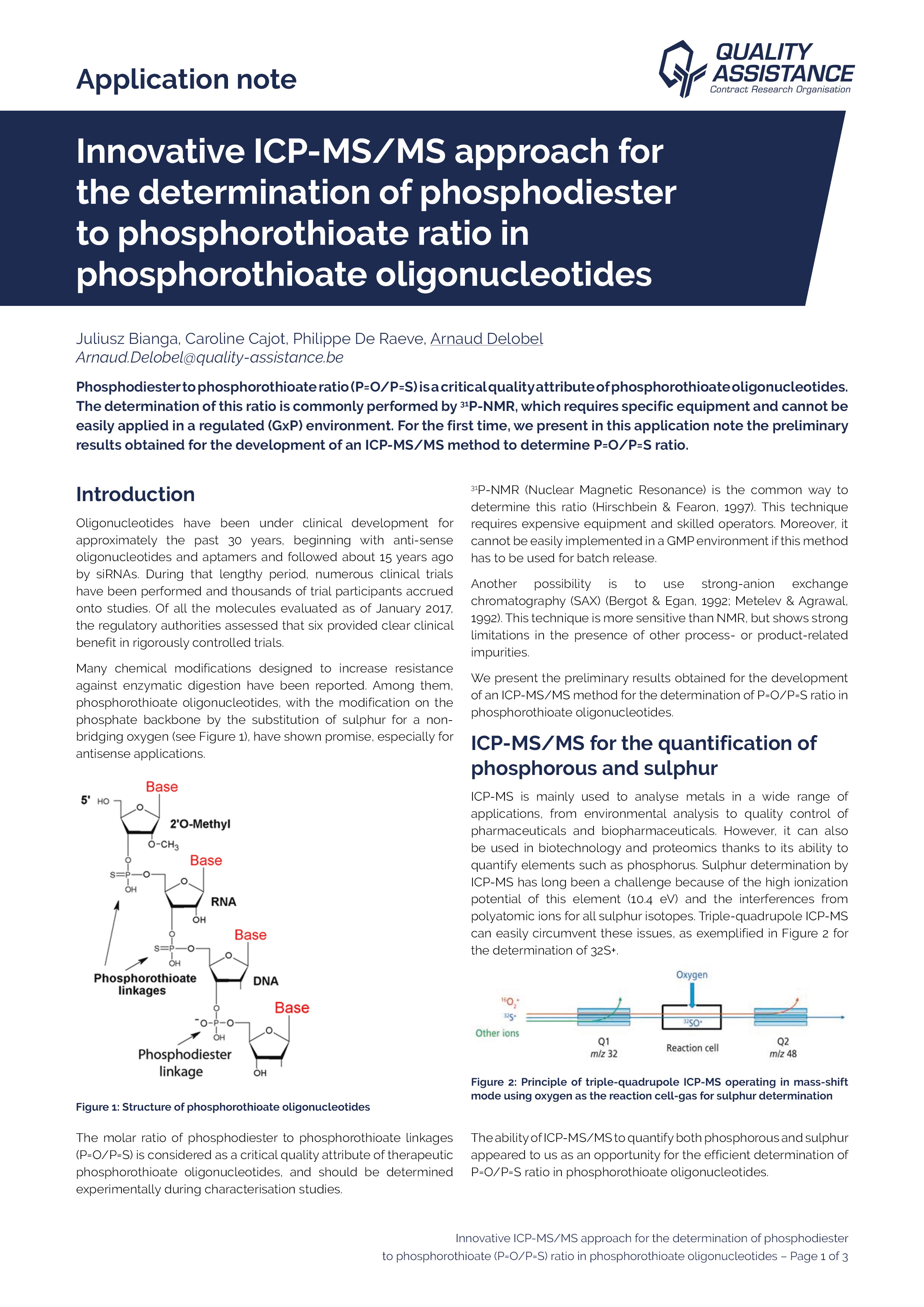 Innovative ICP-MS/MS approach for the determination of phosphodiester to phosphorothioate ratio in phosphorothioate oligonucleot Quality Assistance Application Note