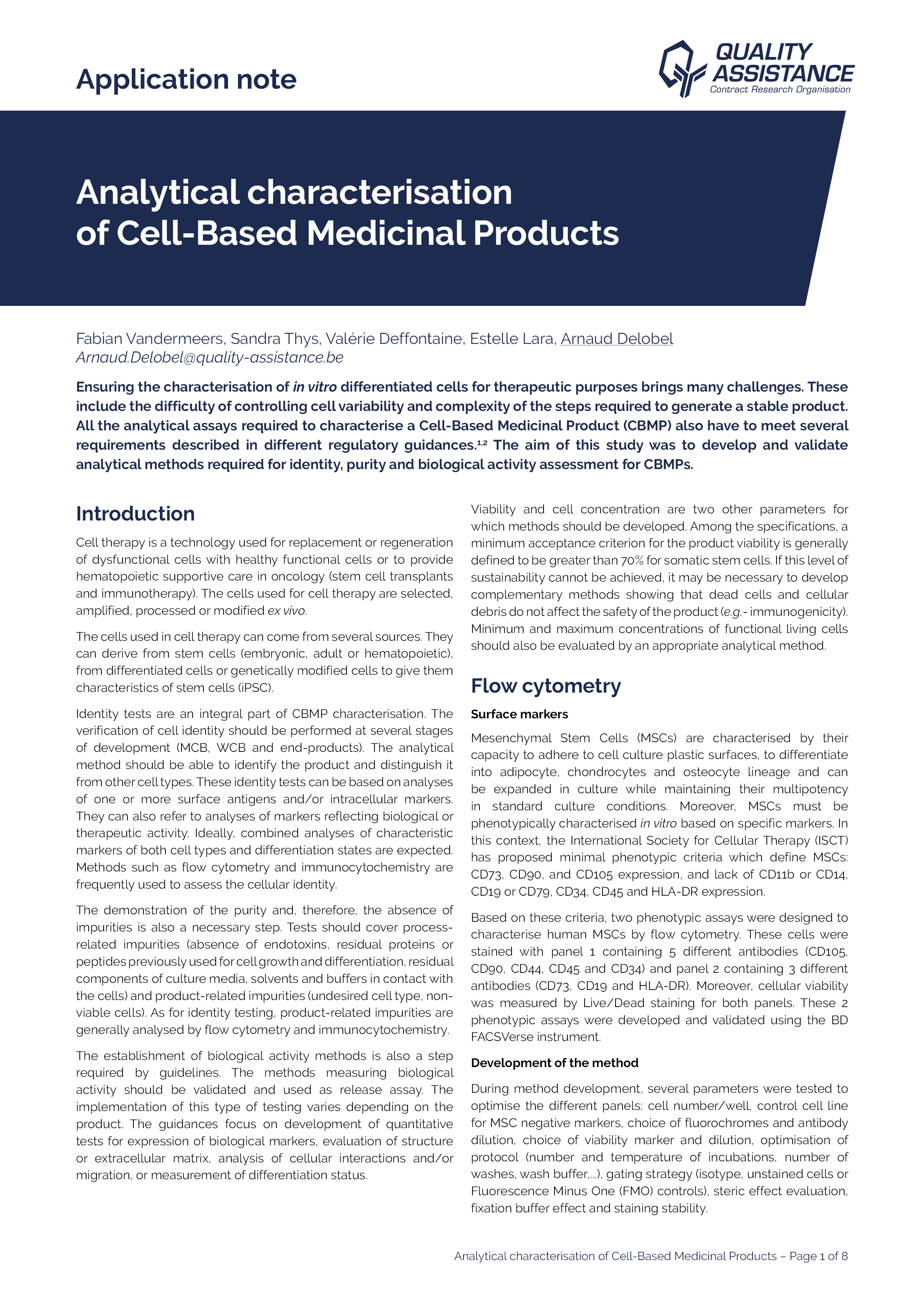 Quality Assistance Analytical Characterisation of Cell Based Medicinal Products