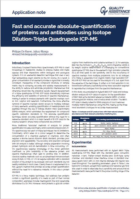 Fast and accurate absolute quantification of antibodies and antibody-drug conjugate using Isotope Dilution-Triple Quadrupole ICP-MS