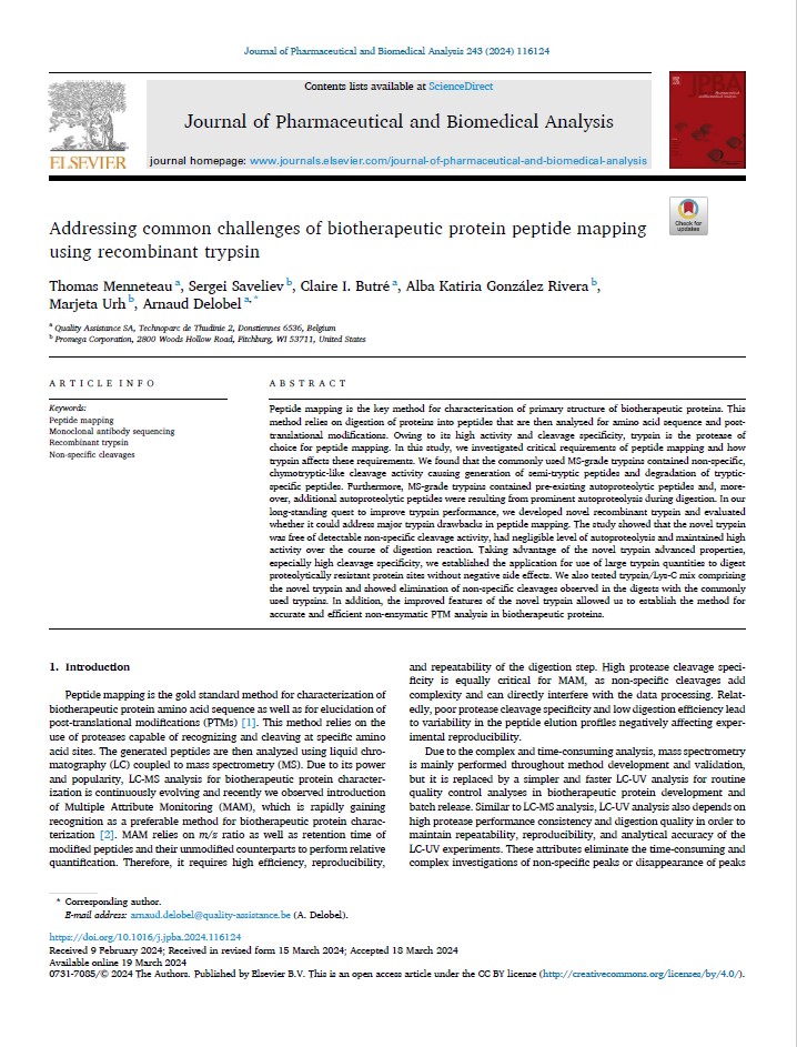 Elsevier JPBA iotherapeutic protein peptide mapping using recombinant trypsin